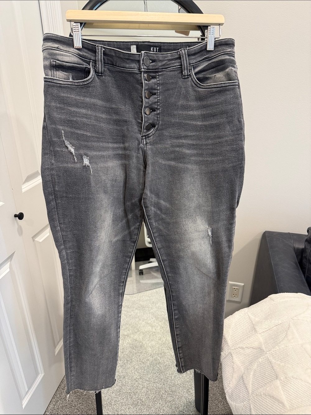 Kut from the Kloth High-Rise Button-Fly Distressed Gray Jeans